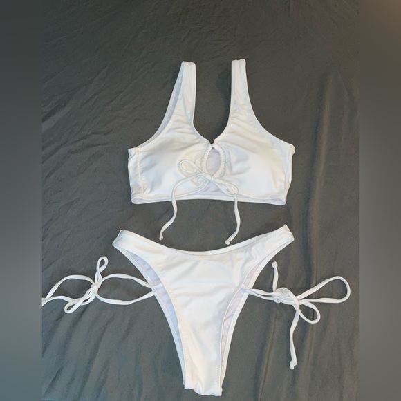 Push Up Bikini for High Cut Cheeky Bottom Swimsuit Thong Strappy Cut Out White M - Picture 10 of 12